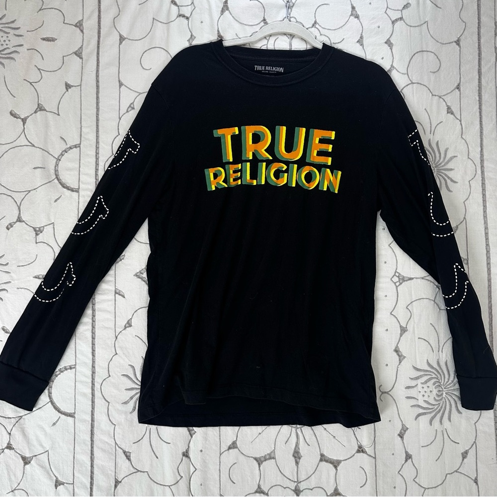 True Religion Men’s Long Sleeve Graphic Logo Shirt Black L Horseshoe Sleeves